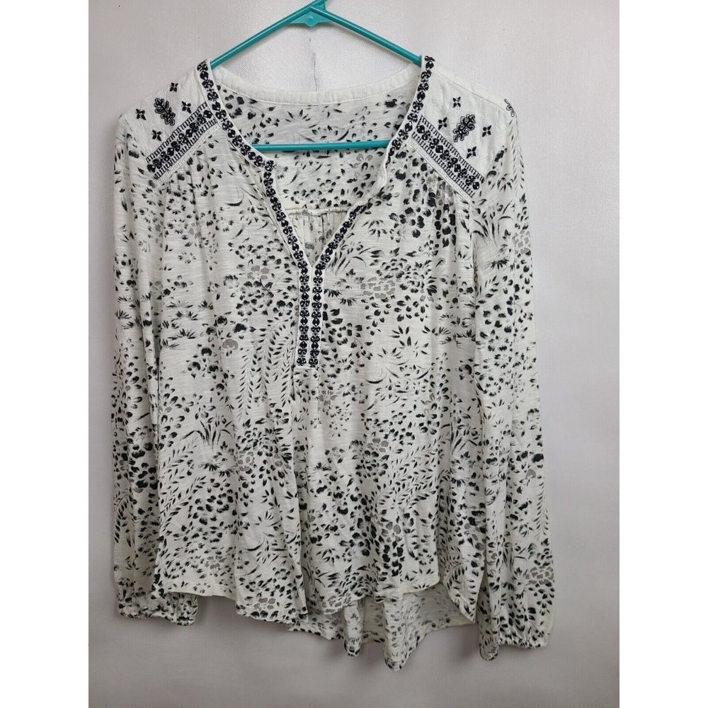 Lucky Brand White Black Embroidered Peasant V-Neck Top Blouse Size Large